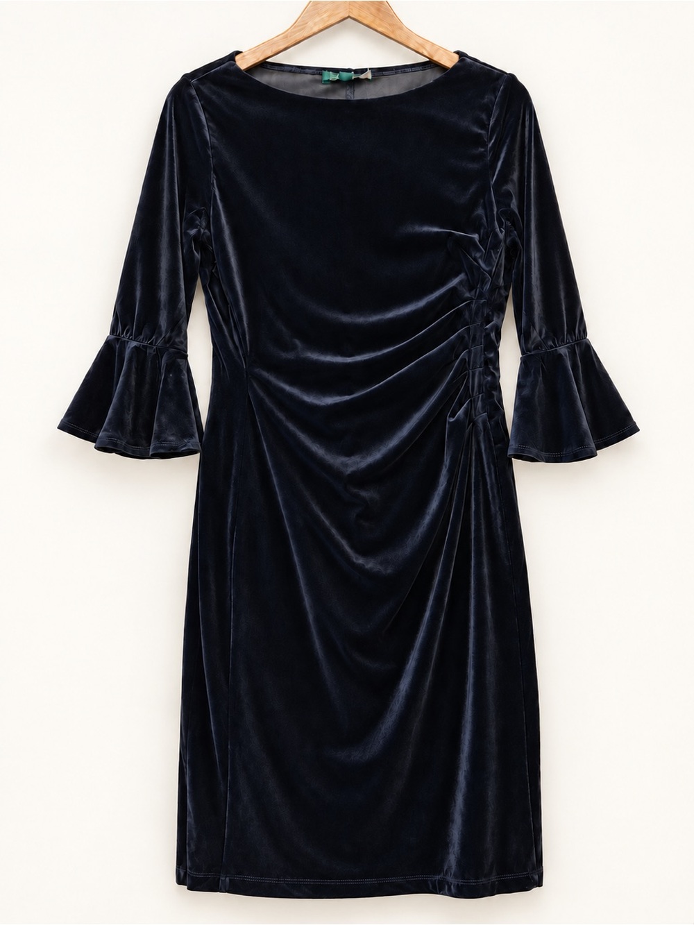 Lauren Ralph Lauren Velvet Ruched Sheath Dress Bell Sleeves Size 8 Black